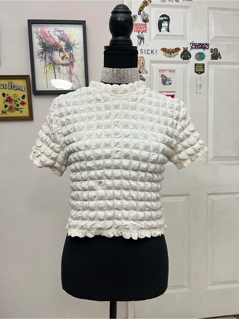 Urban Outfitters White Textured Cropped Puff Sleeve Top